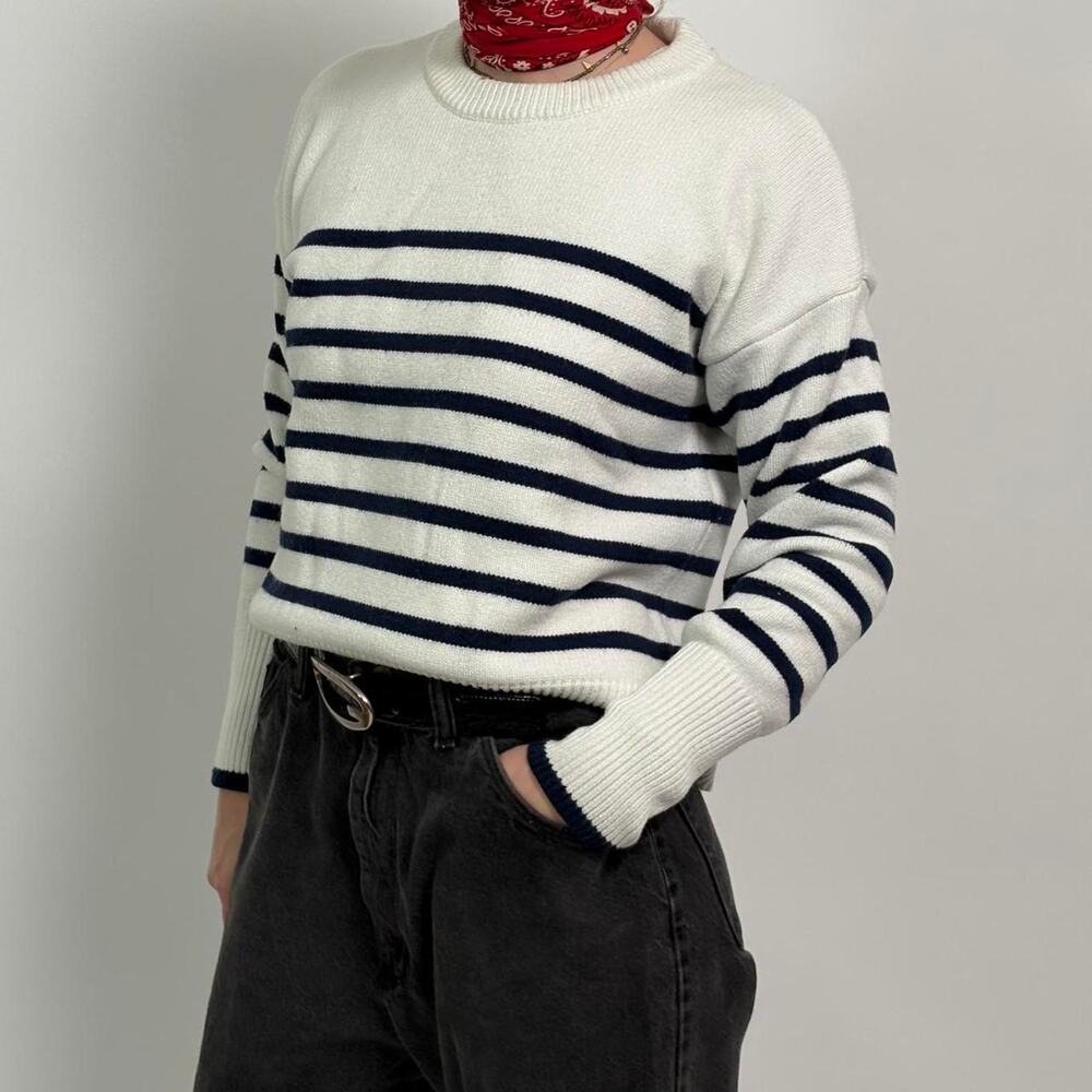 Philosophy White & Navy Striped Sweater | Classic Preppy Cotton